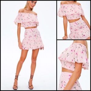 Pastel Pink Floral Embroidered Eyelet Ruffle Blouse Skirt Matching Set Playsuit